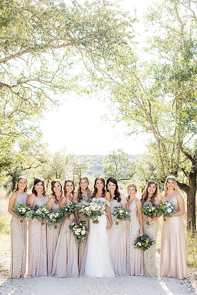 bridesmaids and bride gold dresses maes ridge austin texas wedding