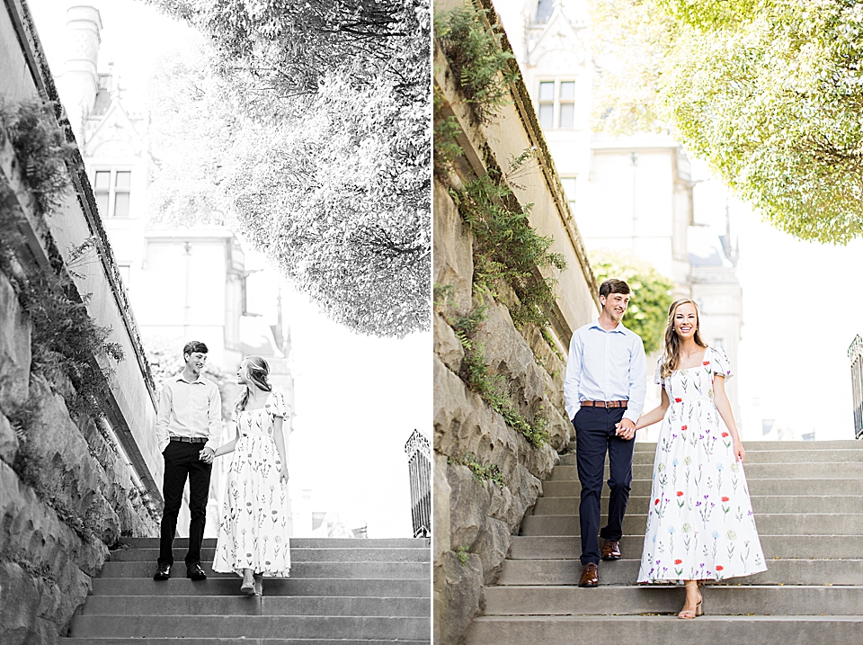 couple walking down stairs with biltmore in background bride in floral dress