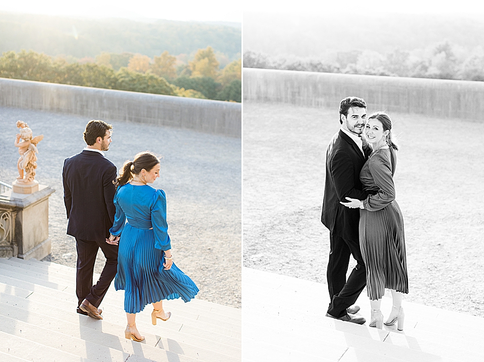 couple on stairs at biltmore estate for engagement session